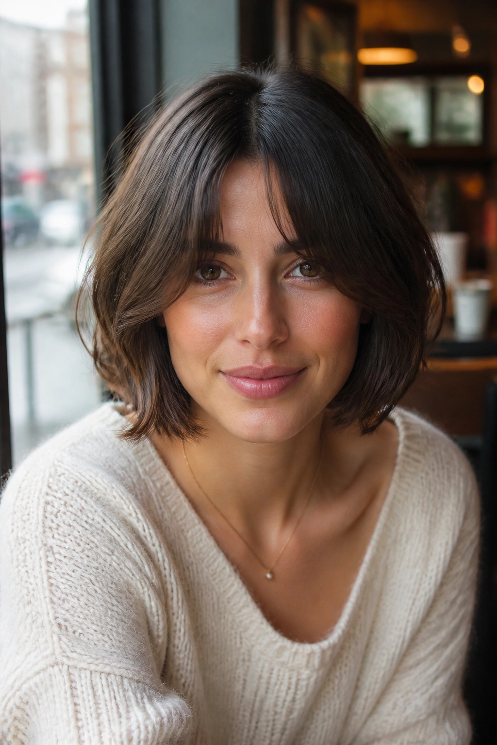 Portrait of a real woman with a bob and curtain bangs blending into the sides.