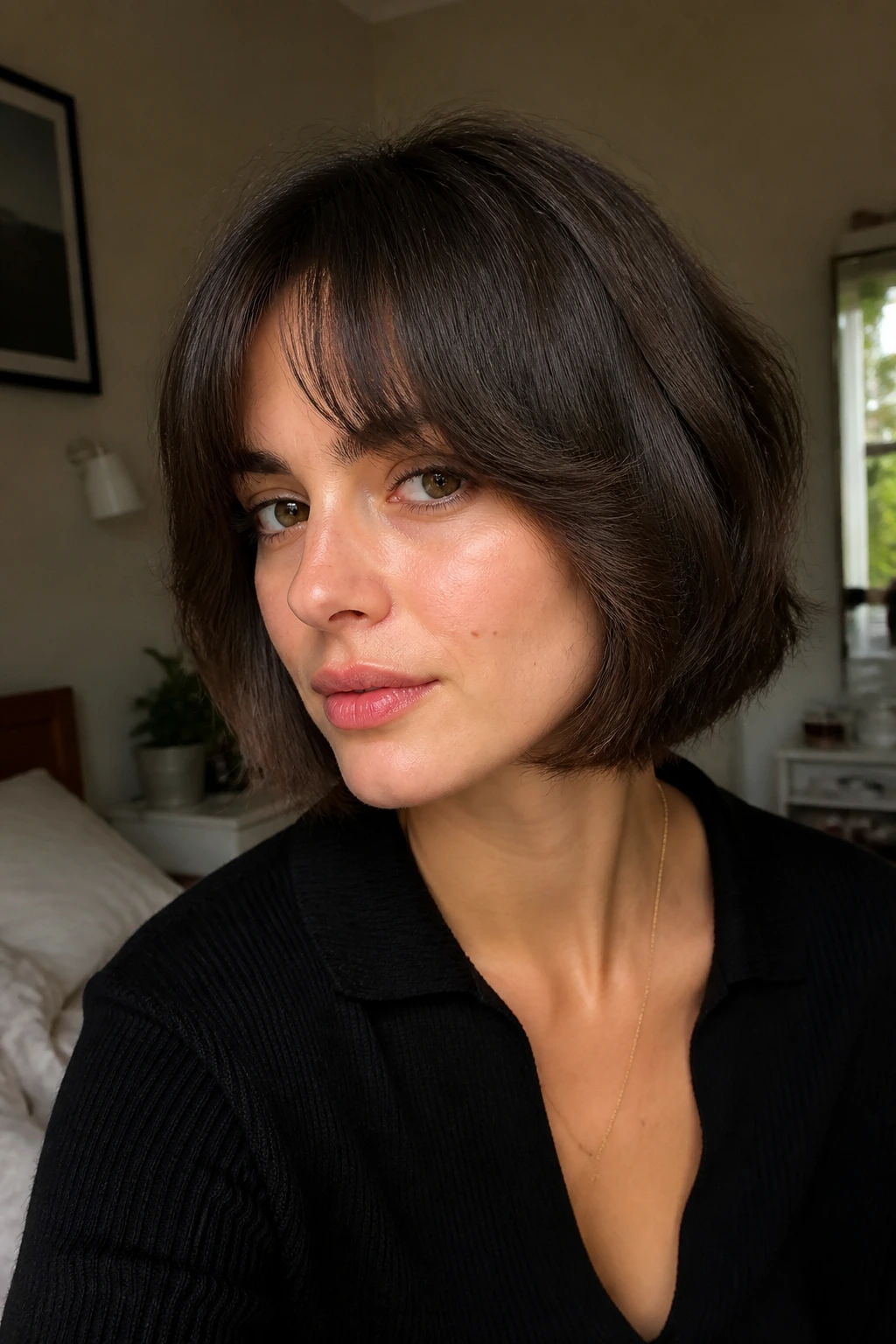 Close-up portrait of a real woman with a short bob and curtain bangs, tapered sides in warm bedroom light.