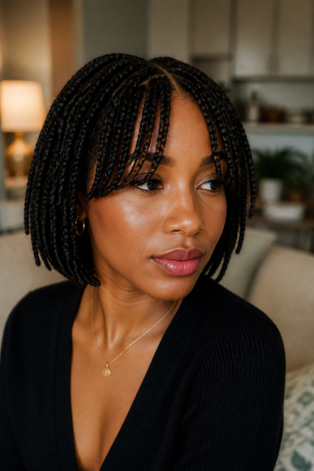 Close-up of a real woman with curtain bangs on a short braided bob in warm indoor light.