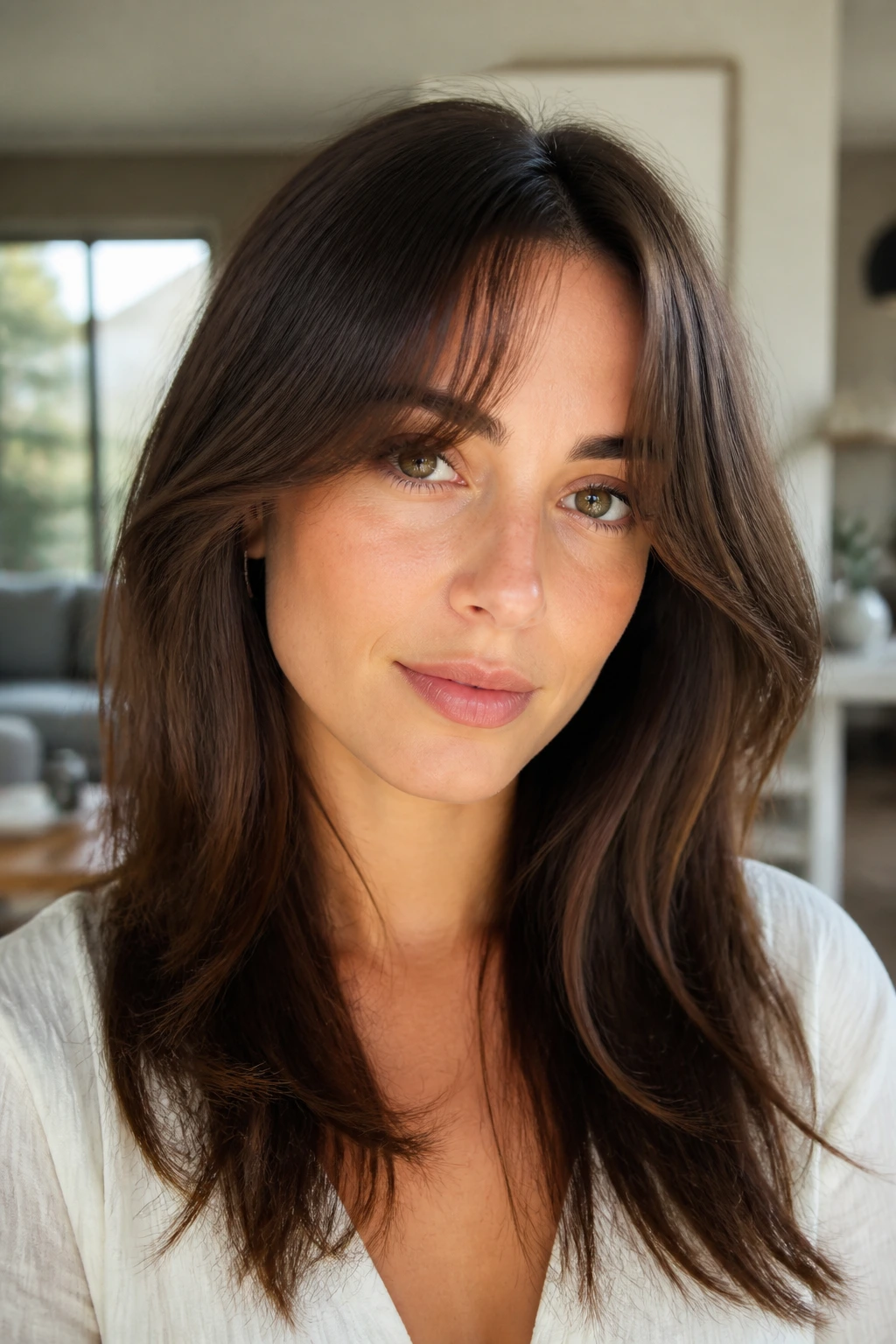 Close-up portrait of a real woman with curtain bangs starting at the brow bone in natural light