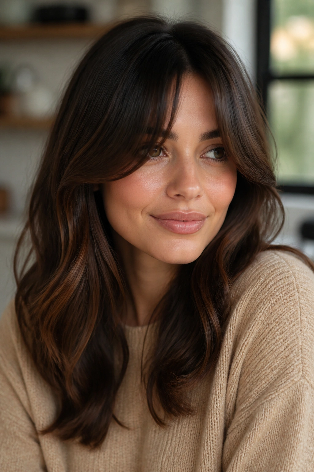 Brunette with curtain bangs and soft bends in natural light