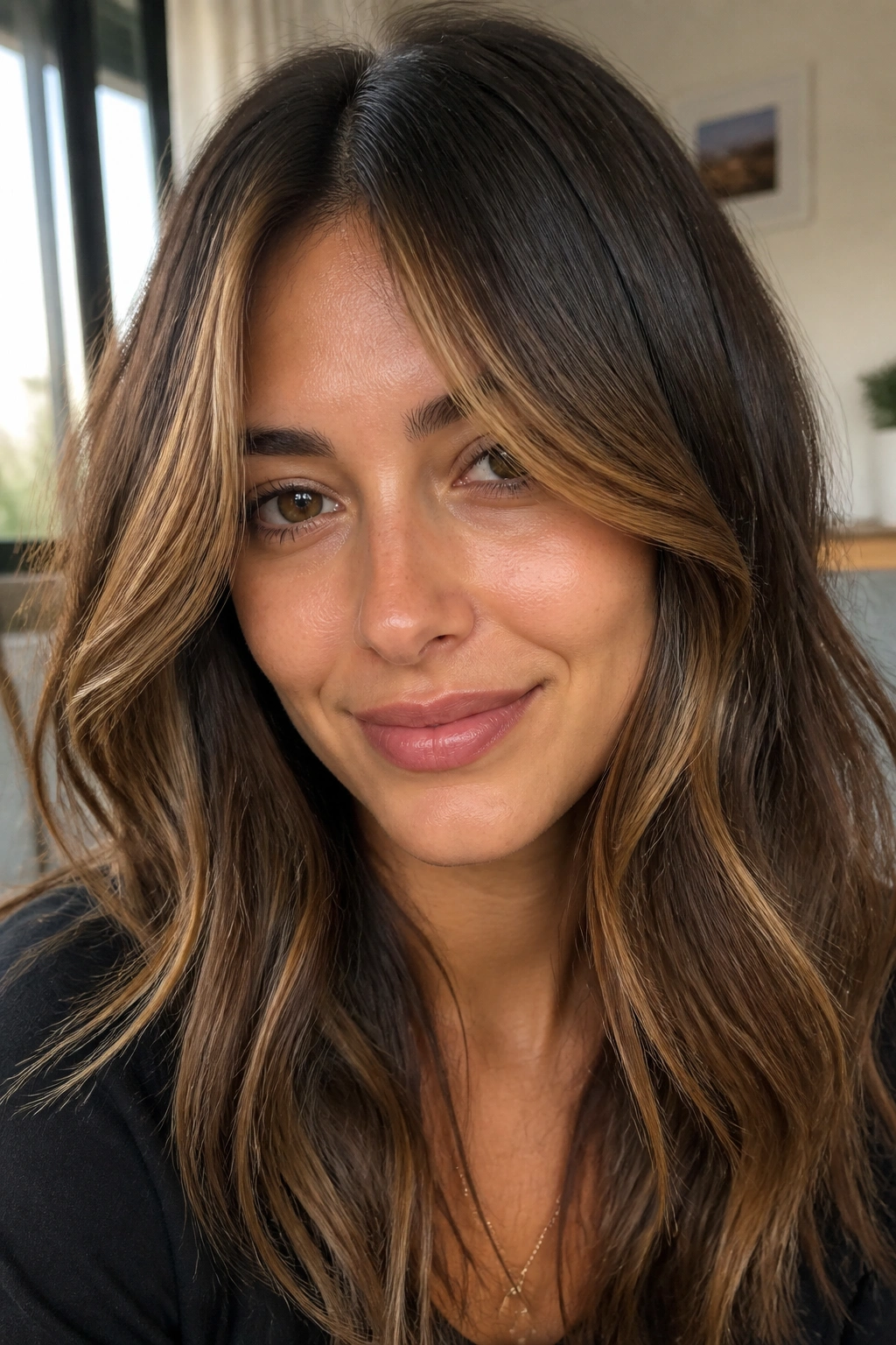 Portrait of a real person with curtain bangs and caramel highlights framing the face