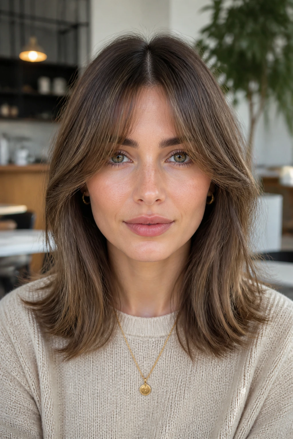 Portrait of a woman with a clean center-part curtain bangs