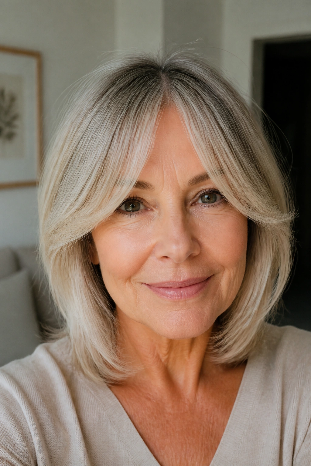 Close-up portrait of an older woman with curtain bangs and center part