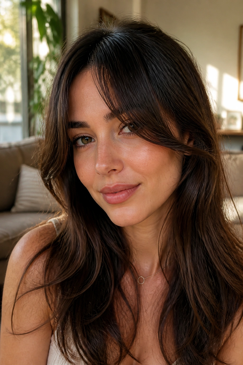 Close-up portrait of a real woman with curtain bangs split at the cheekbones under soft natural light