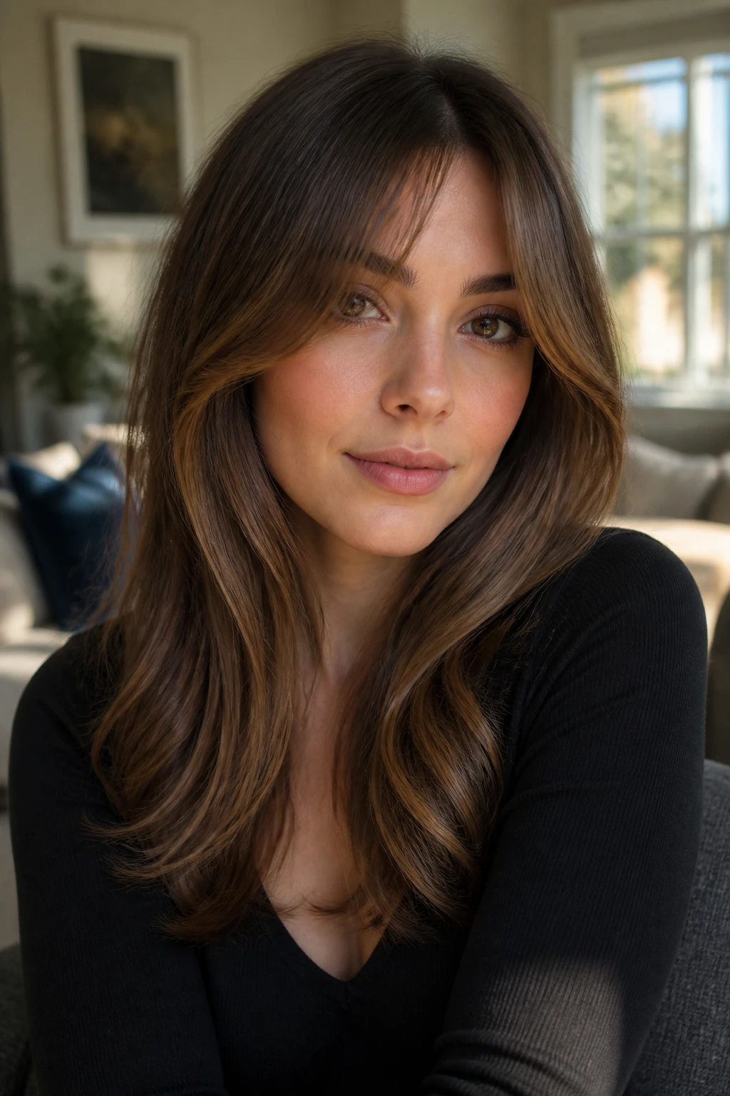 Close-up of cheekbone curtain bangs around the cheekbones on a real person