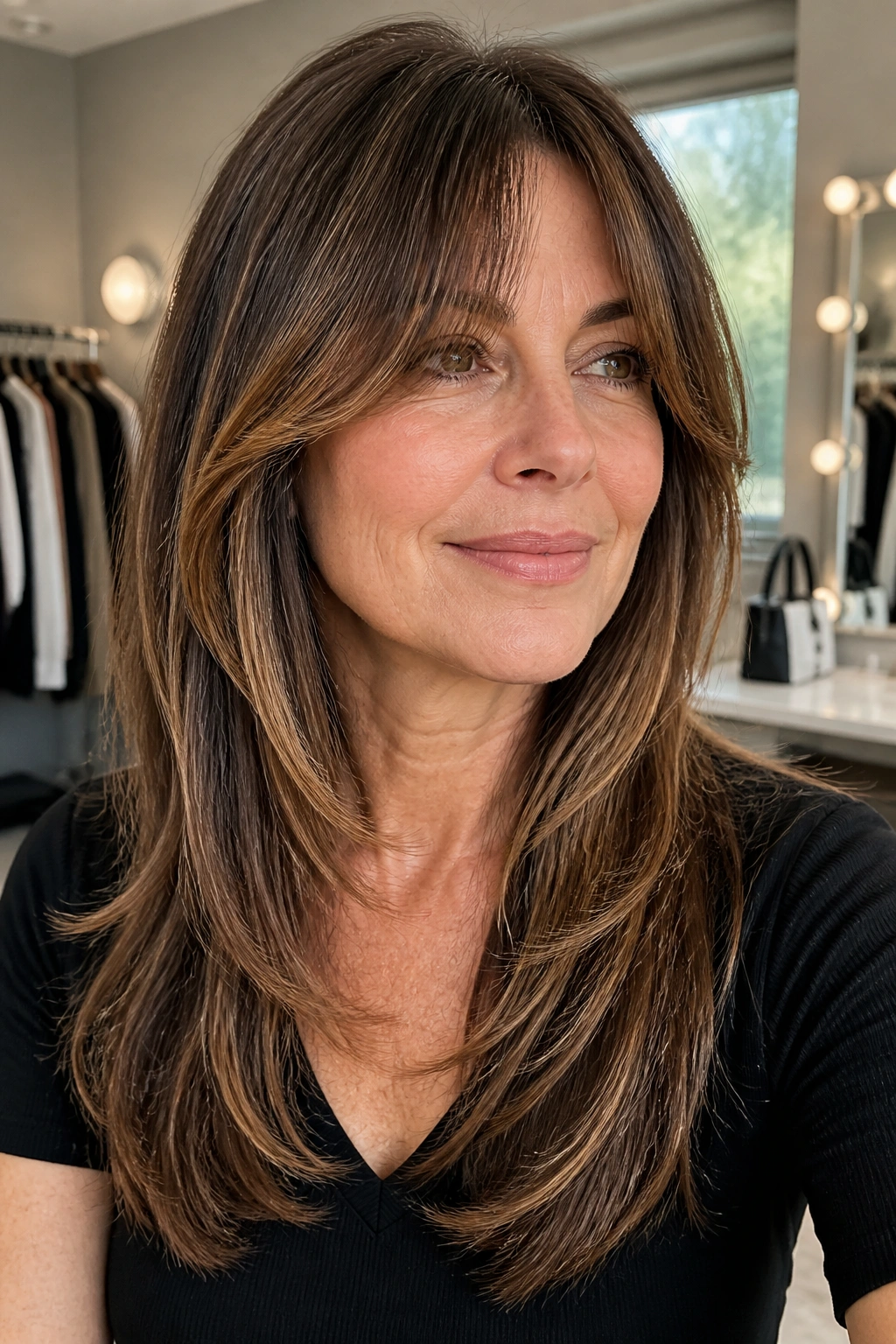 Close-up portrait of a woman with curtain bangs and chest-length layers