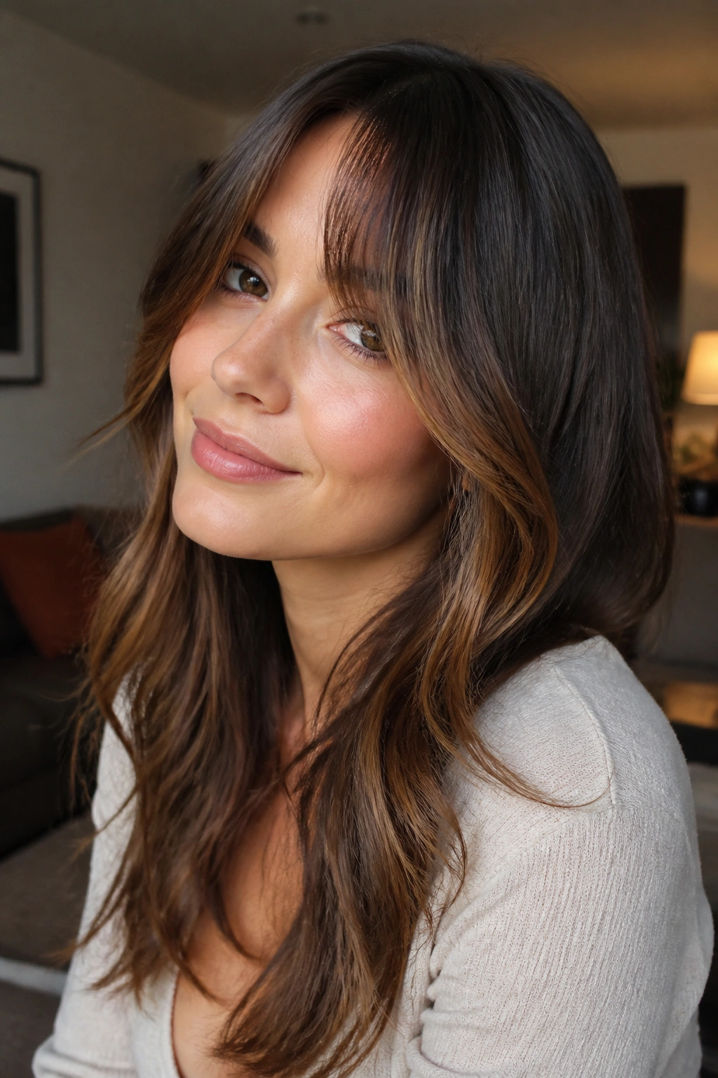 Real woman with curtain bangs and chestnut face-framing highlights