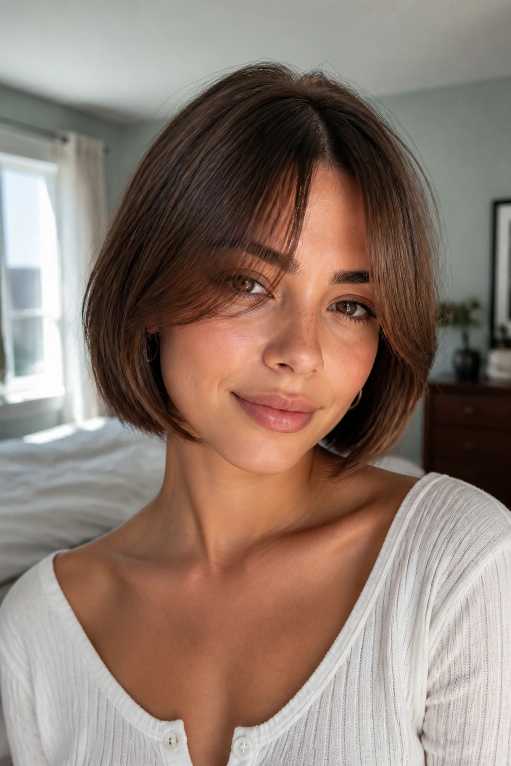 Portrait of a real woman with curtain bangs and chin-length bob