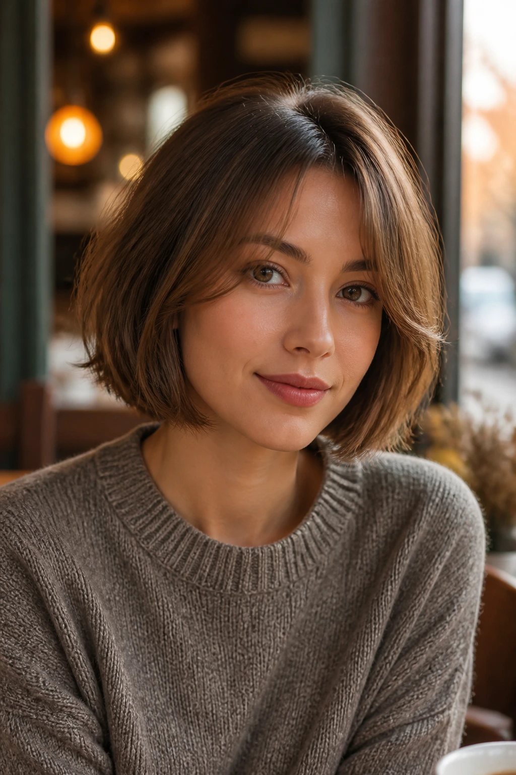 Real woman with chin-length bob and soft curtain bangs in warm cafe light