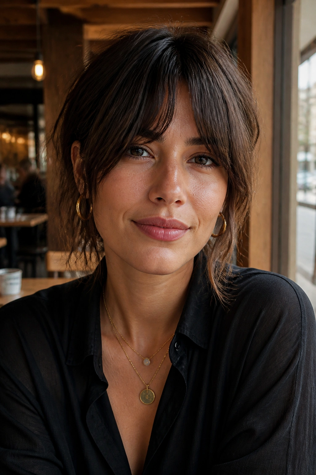 Close-up portrait of a real woman with curtain-style choppy bangs