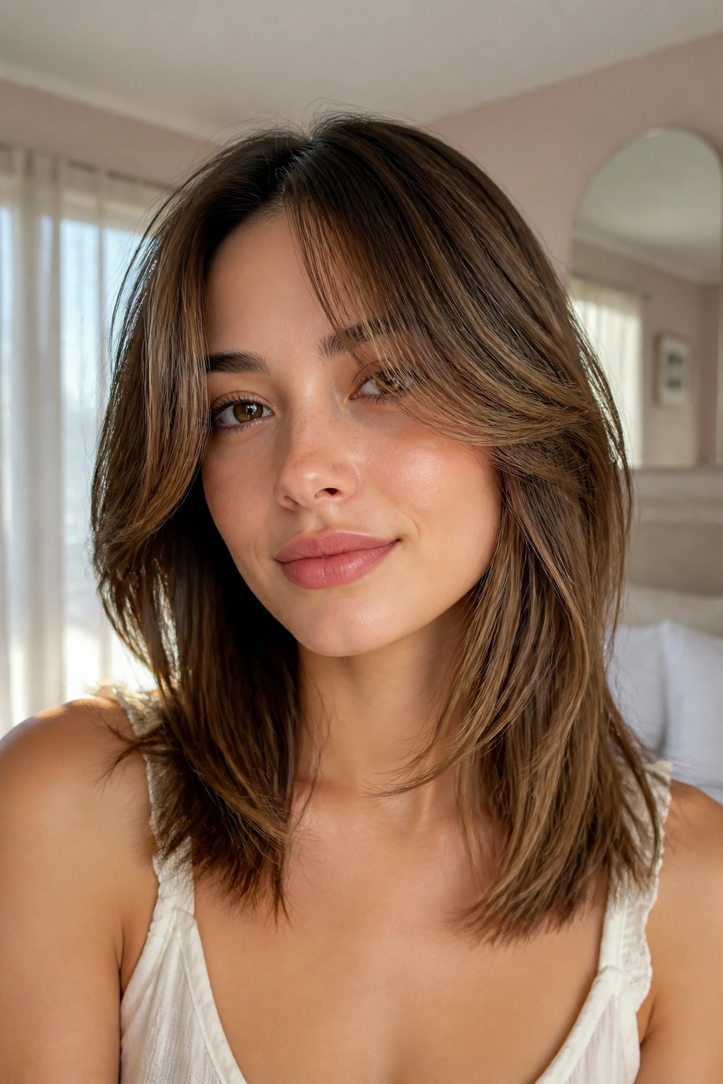 Close-up portrait of a real woman with long curtain bangs and collarbone layers, window light