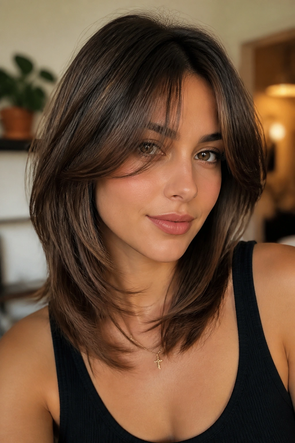 Close-up of a real person with curtain bangs and collarbone layers