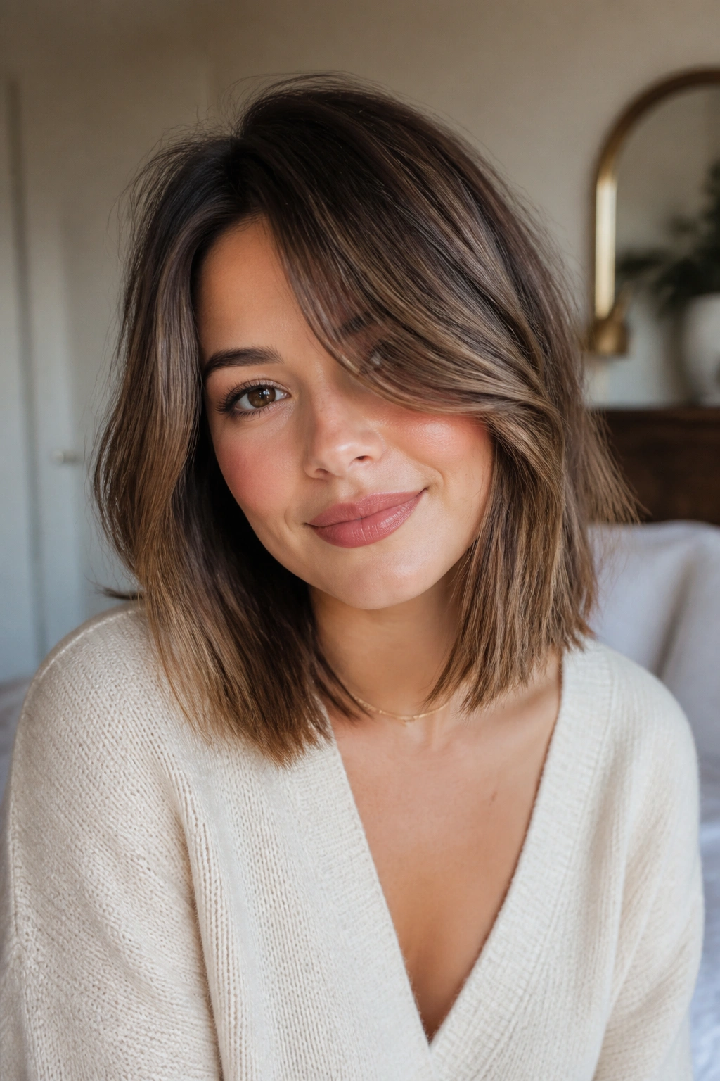 Real woman with side-swept curtain bangs on a collarbone-length lob
