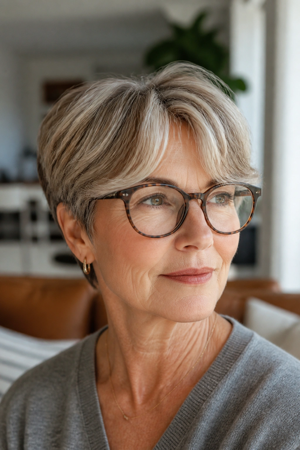 Close-up of a real woman with a crop and curtain bangs in a living room