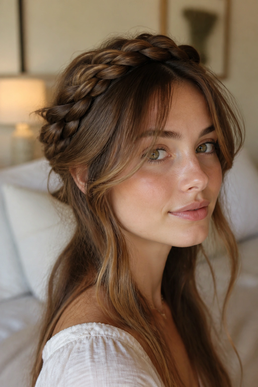 Real woman with crown braid and curtain bangs in soft light.