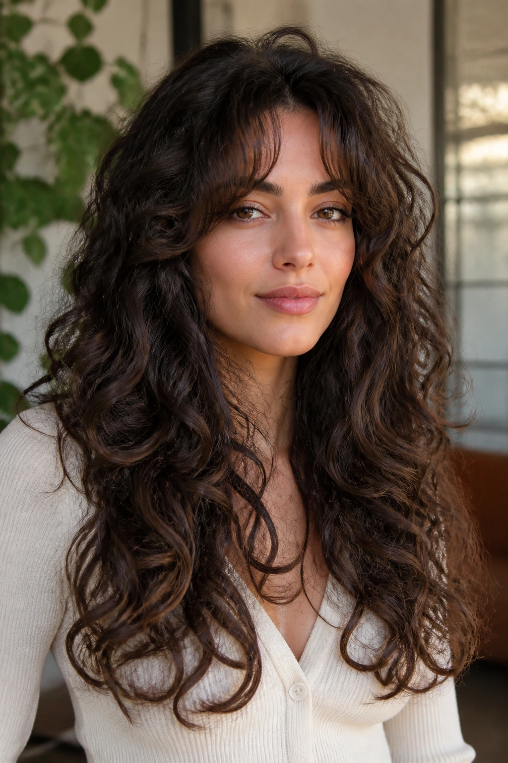Close-up of real woman with long layered curls and curtain bangs