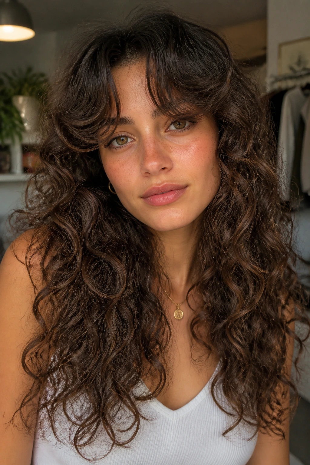 Close-up of a real woman with long curly hair and curtain bangs.