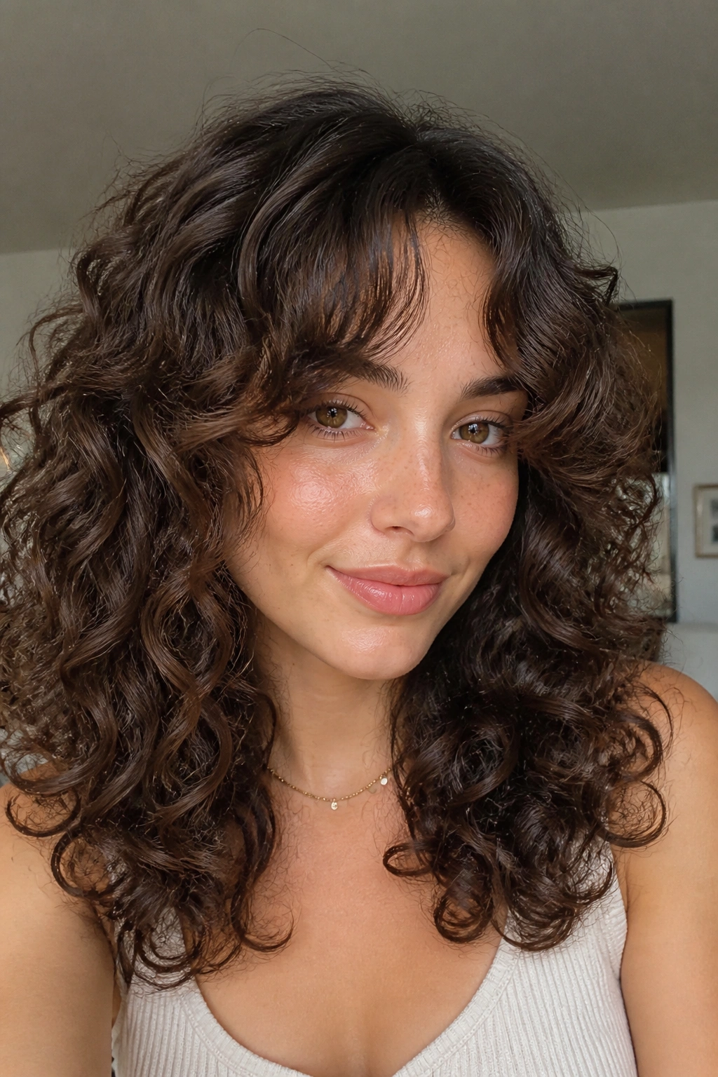 Close-up of a real person with curtain bangs curling around the face
