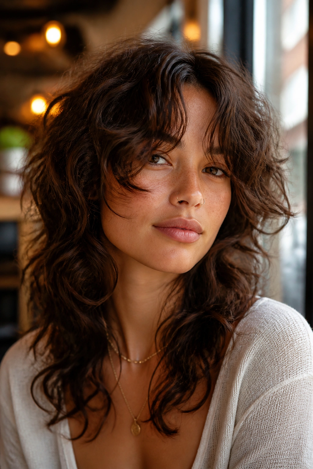 Close-up of real person with curtain bangs split around cheeks in curly wolf shag