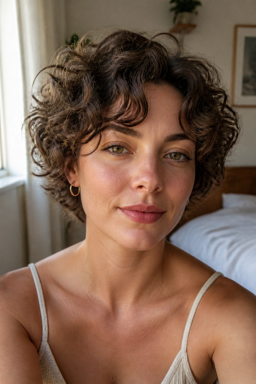 Close-up portrait of a person with curtain bangs on a curly crop