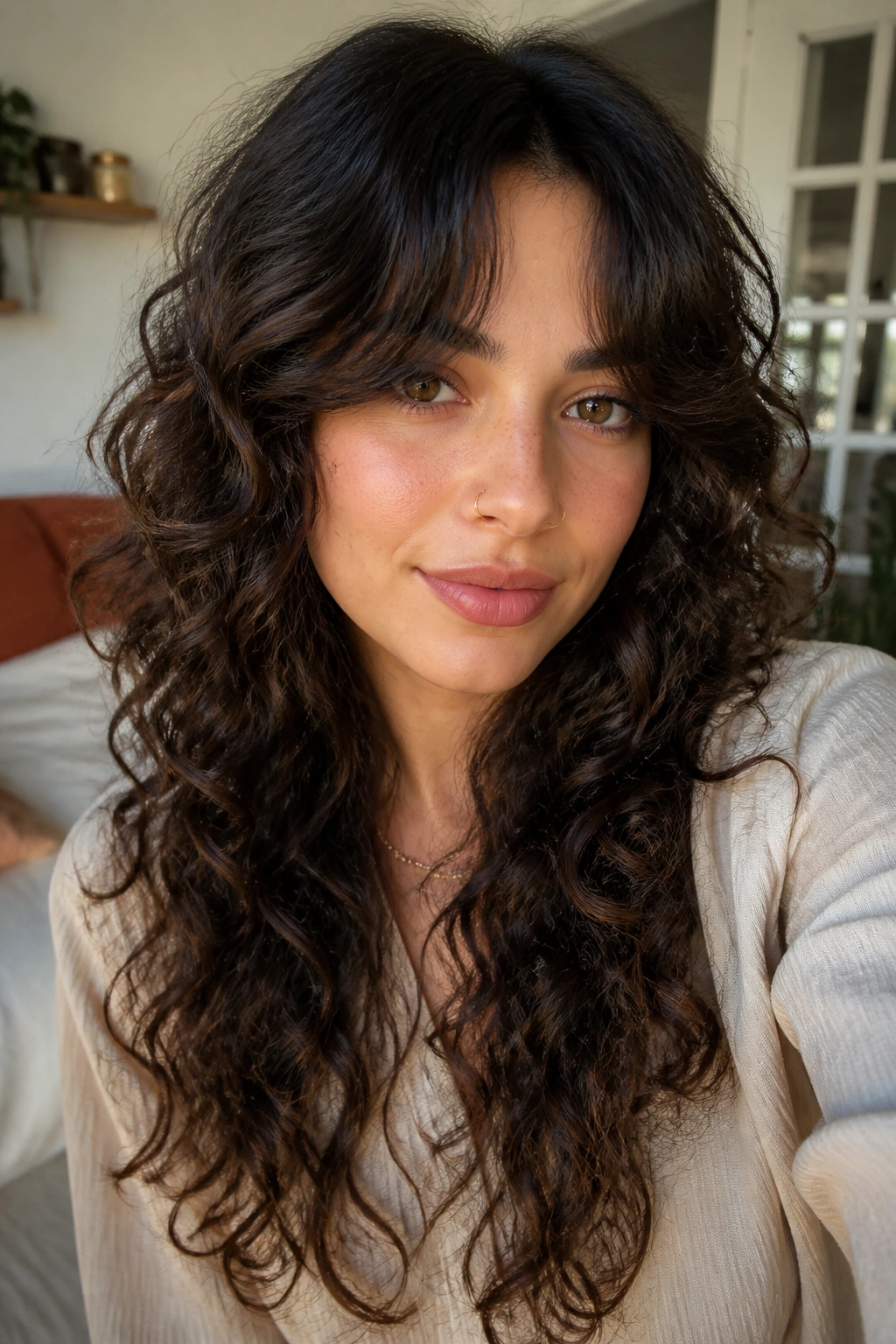 Close-up of a real woman with curtain bangs in a curly shag hairstyle