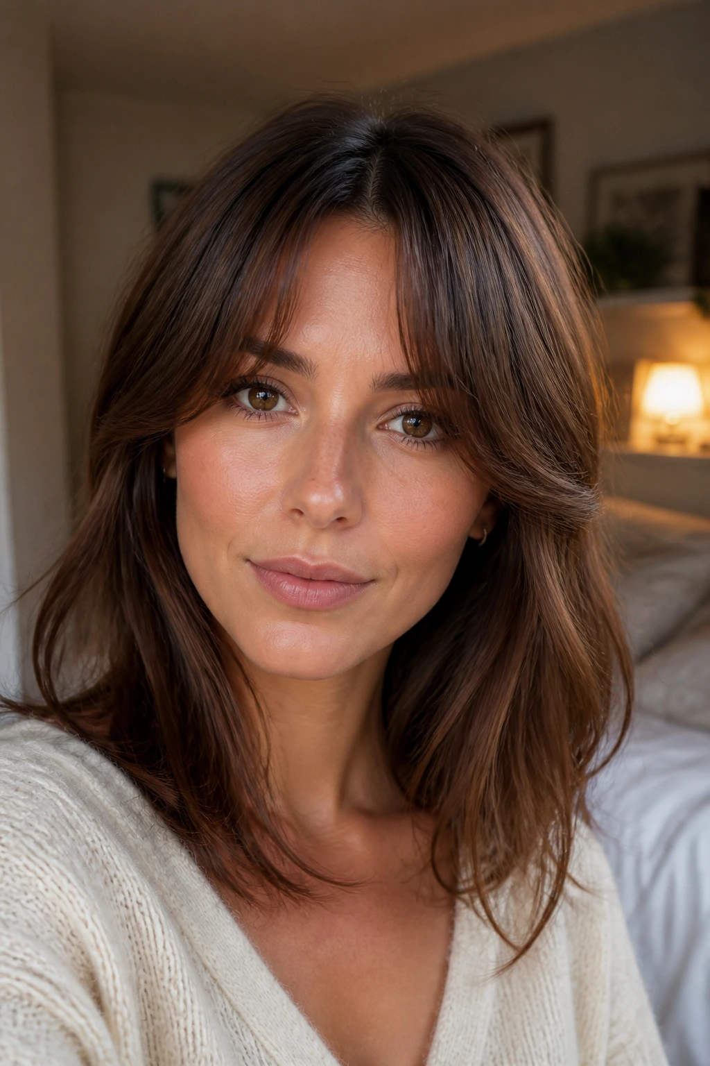 Close-up of a woman with curtain bangs framing a diamond face