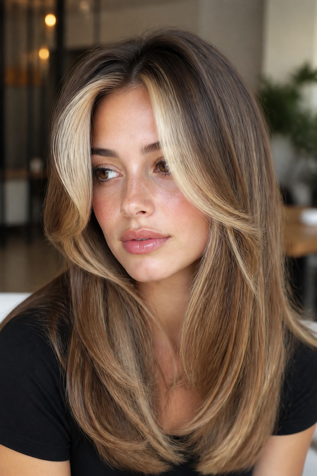 Close-up of curtain bangs with bright face-framing pieces on brown hair