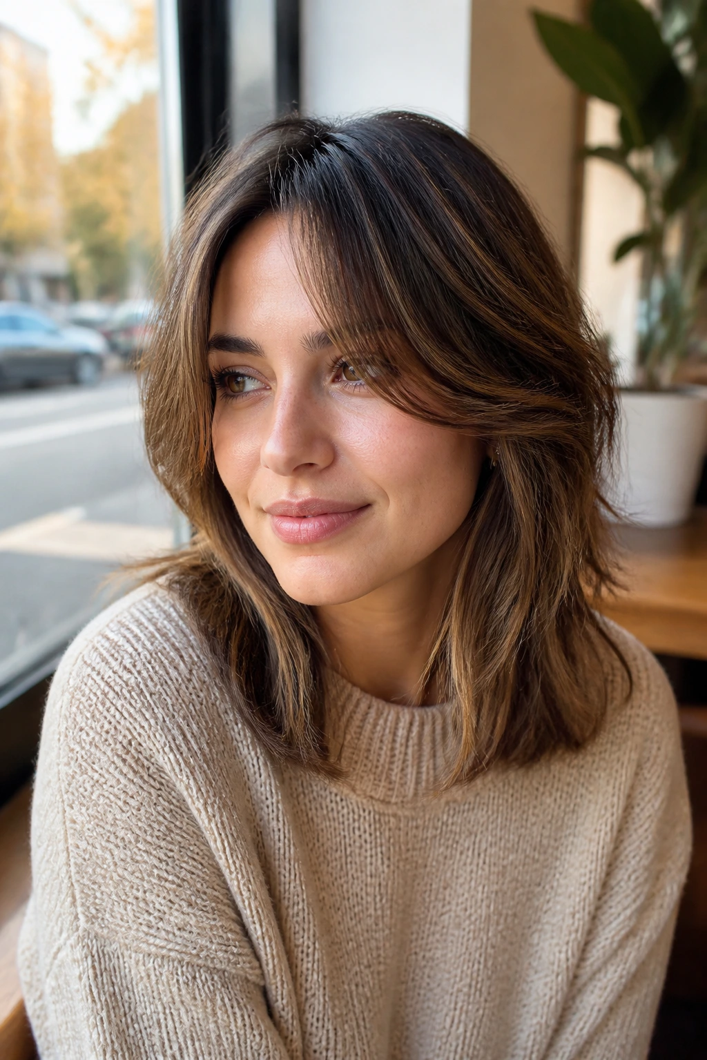 Close-up of a real woman with curtain bangs and face-framing layers