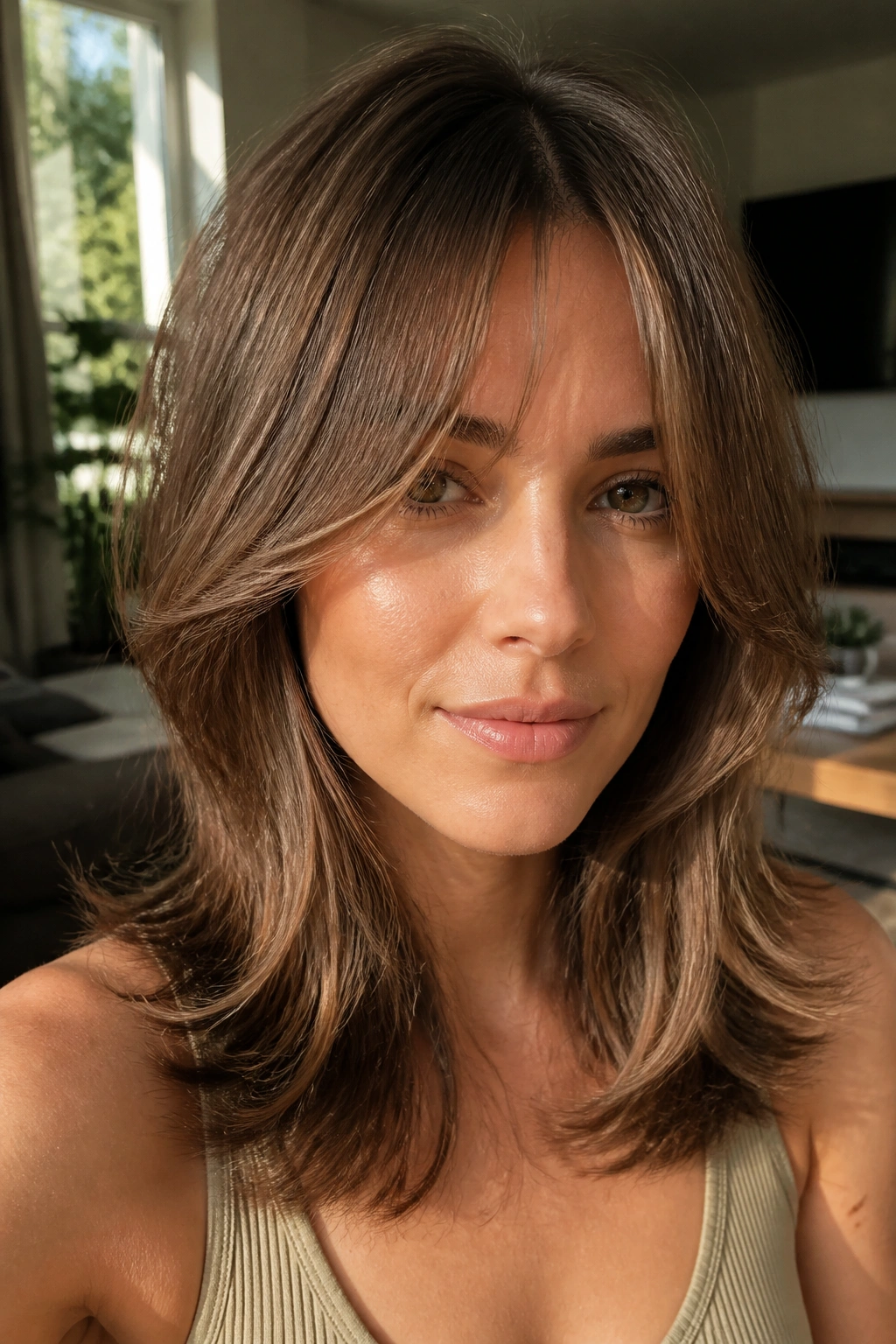 Close-up of a real woman with curtain bangs and face-framing layers