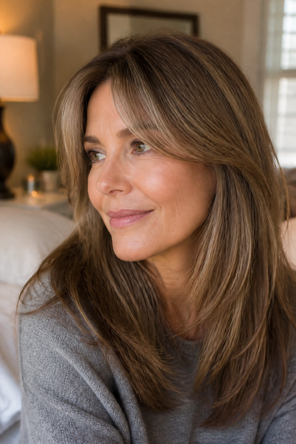 Close-up portrait of a woman with soft curtain bangs framing her face in warm window light