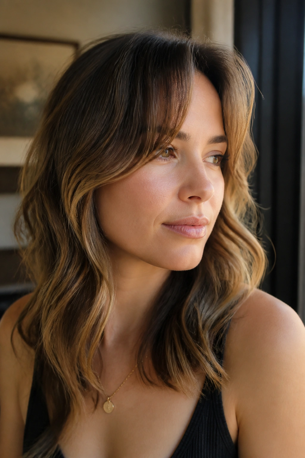 Real woman with curtain bangs and face-framing waves in natural daylight.