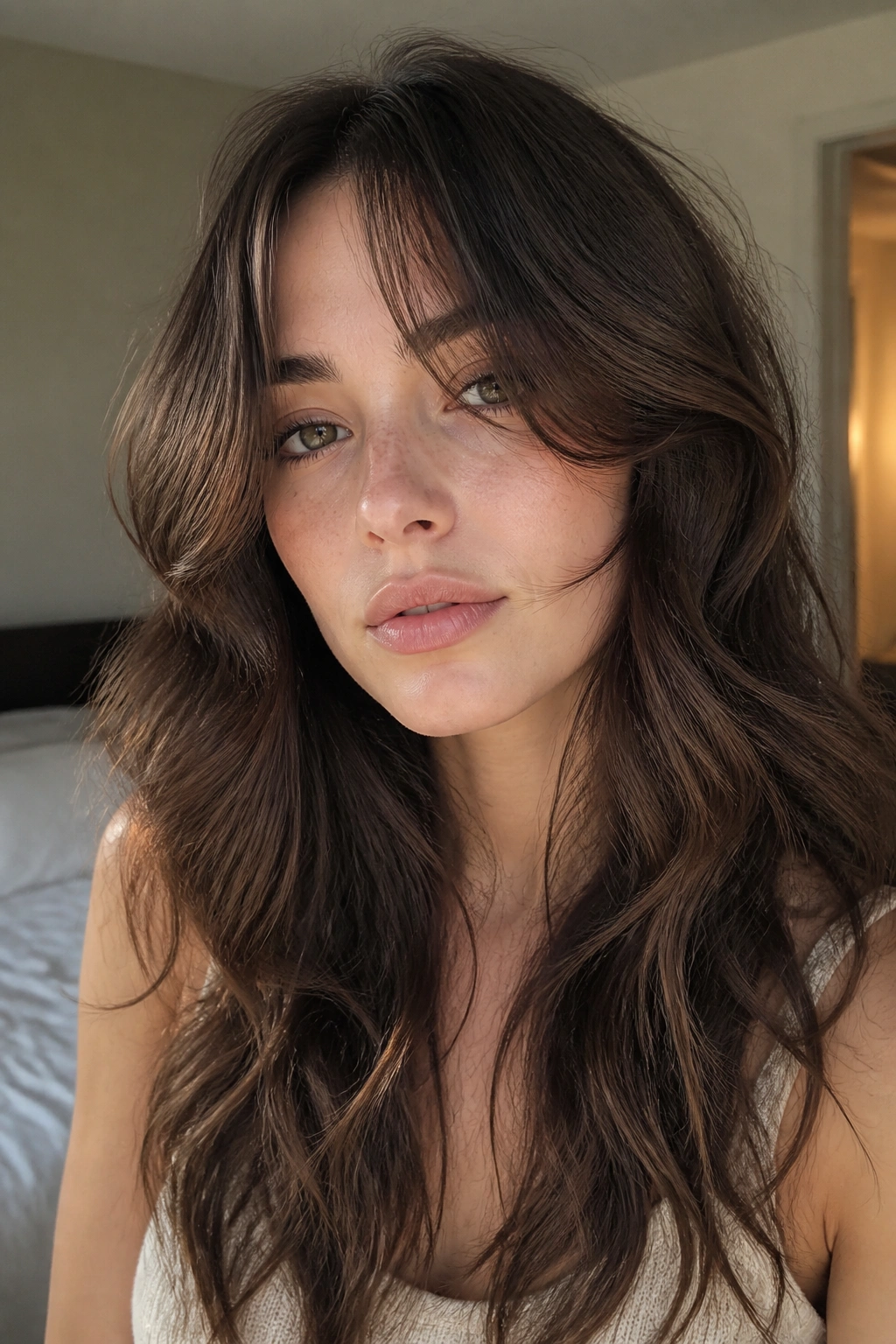 Close-up portrait of a real woman with curtain bangs and soft face-framing layers, waves