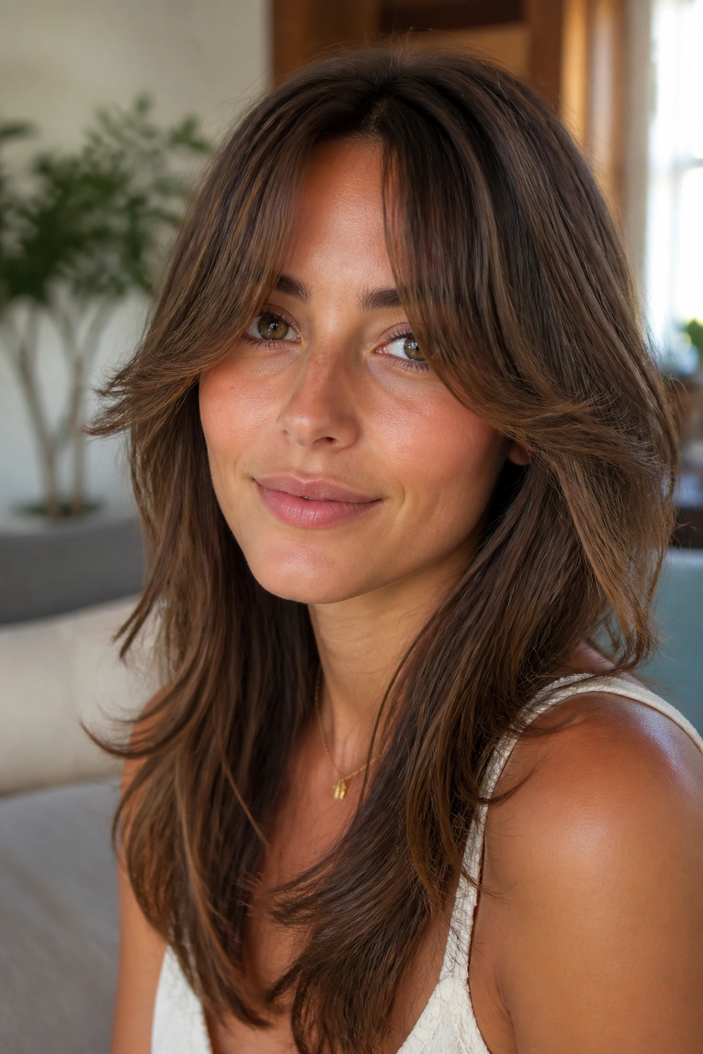 Portrait of a real woman with curtain feathered bangs split in the center, soft and airy