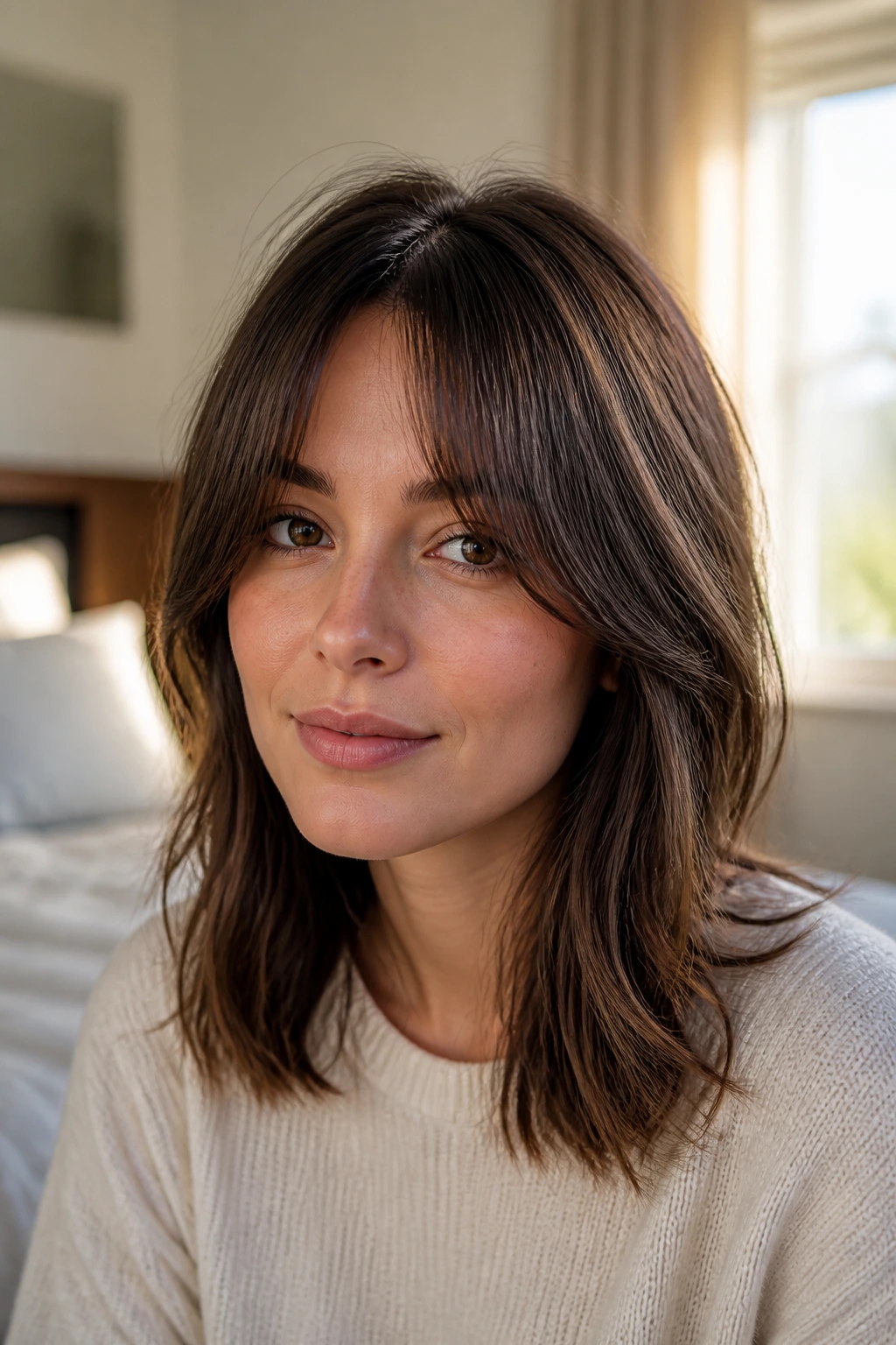 Close-up portrait of a real woman with curtain bangs for fine hair in warm window light