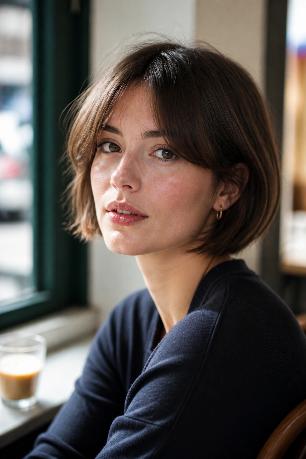 Close-up portrait of a real woman with curtain bangs on a French bob in daylight