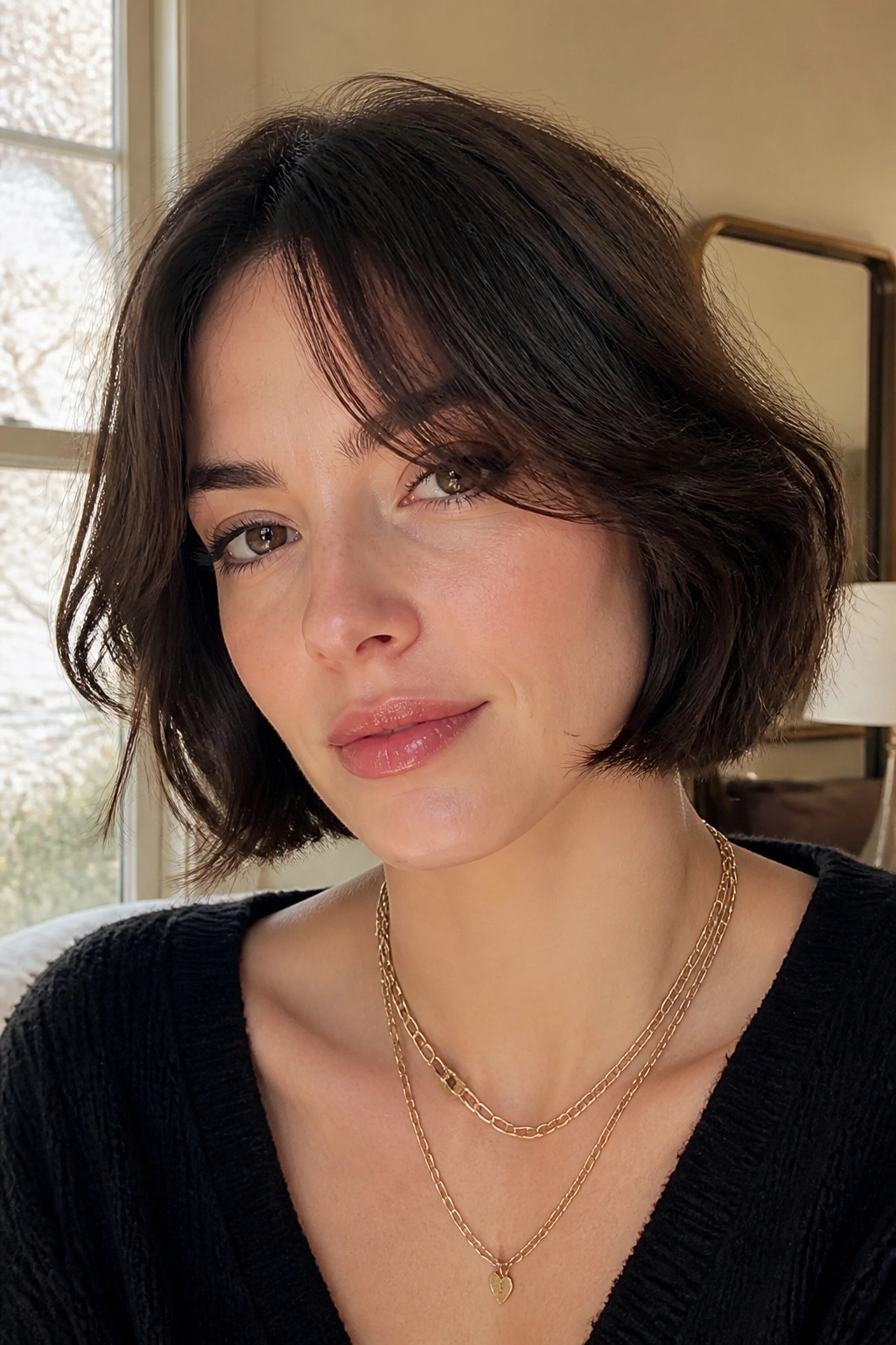 Close-up portrait of a real person with curtain bangs and chin-length French bob.