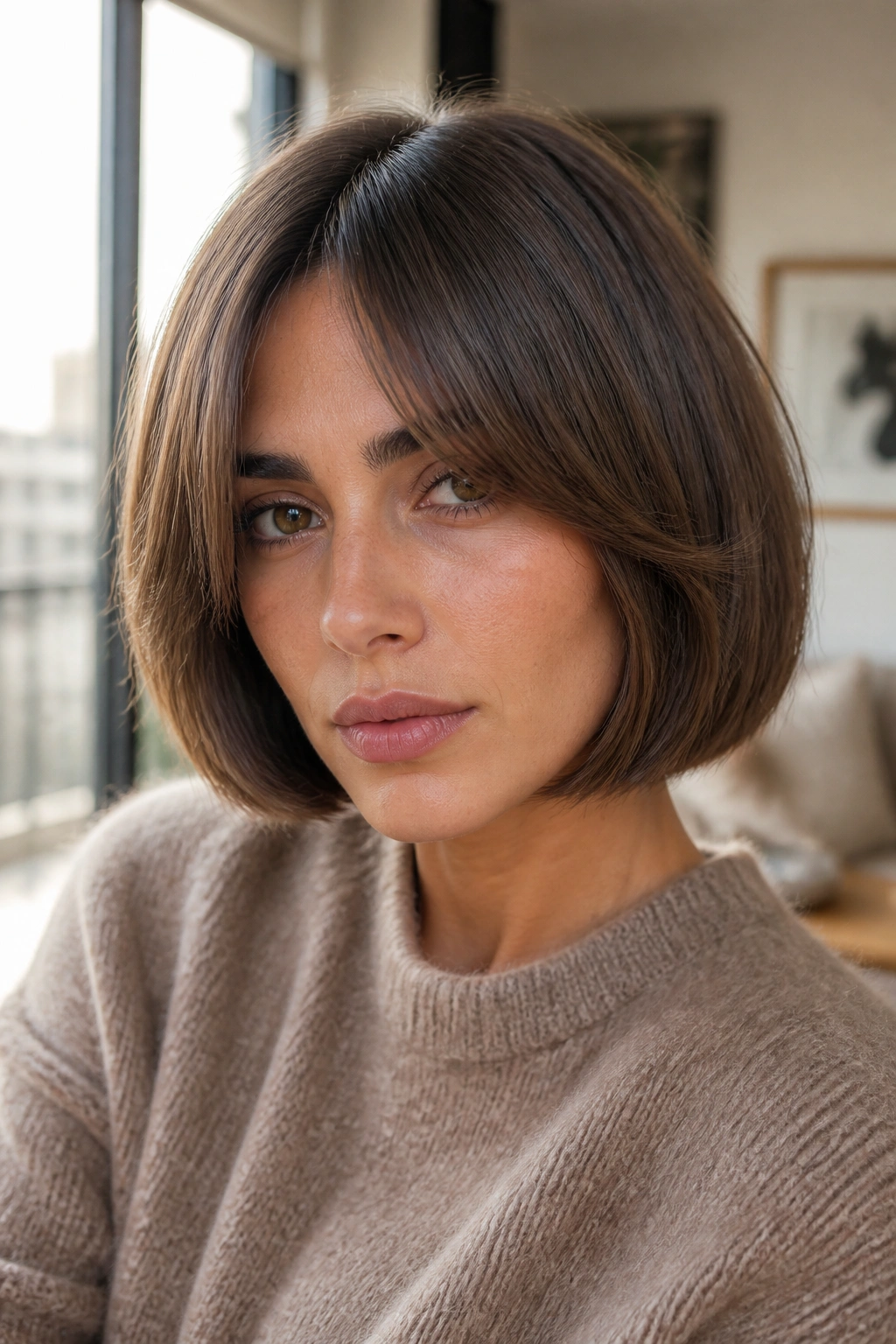 Close-up portrait of a real woman with curtain bangs in an Italian bob.