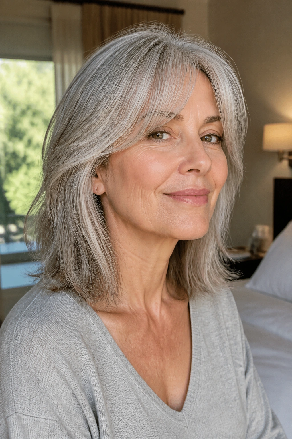 Close-up of a real woman with curtain bangs and collarbone-length gray hair.