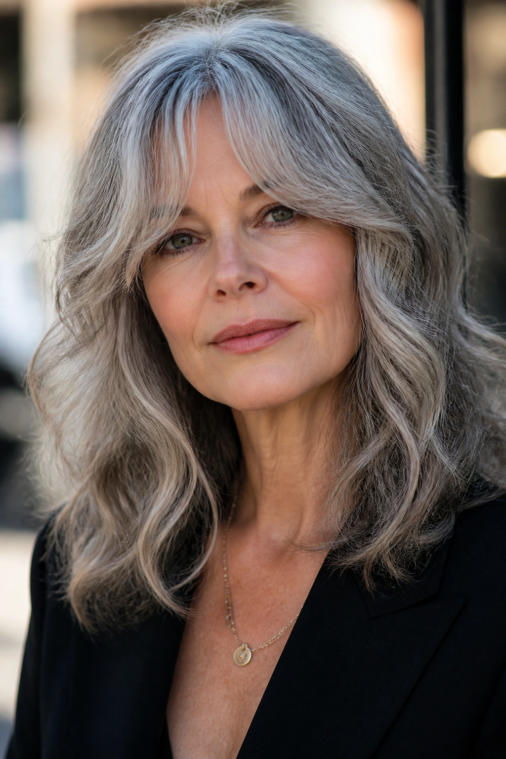 Portrait of a real woman with wavy mid-length gray hair and curtain bangs.