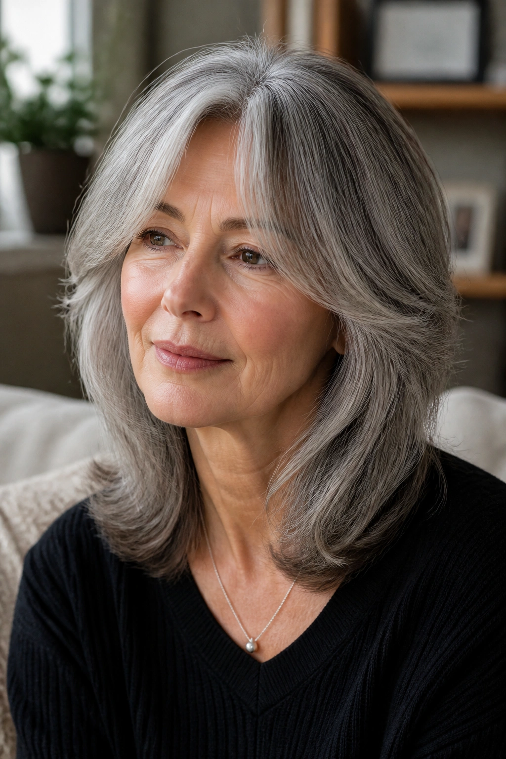 Woman with mid-length layered gray hair and curtain bangs