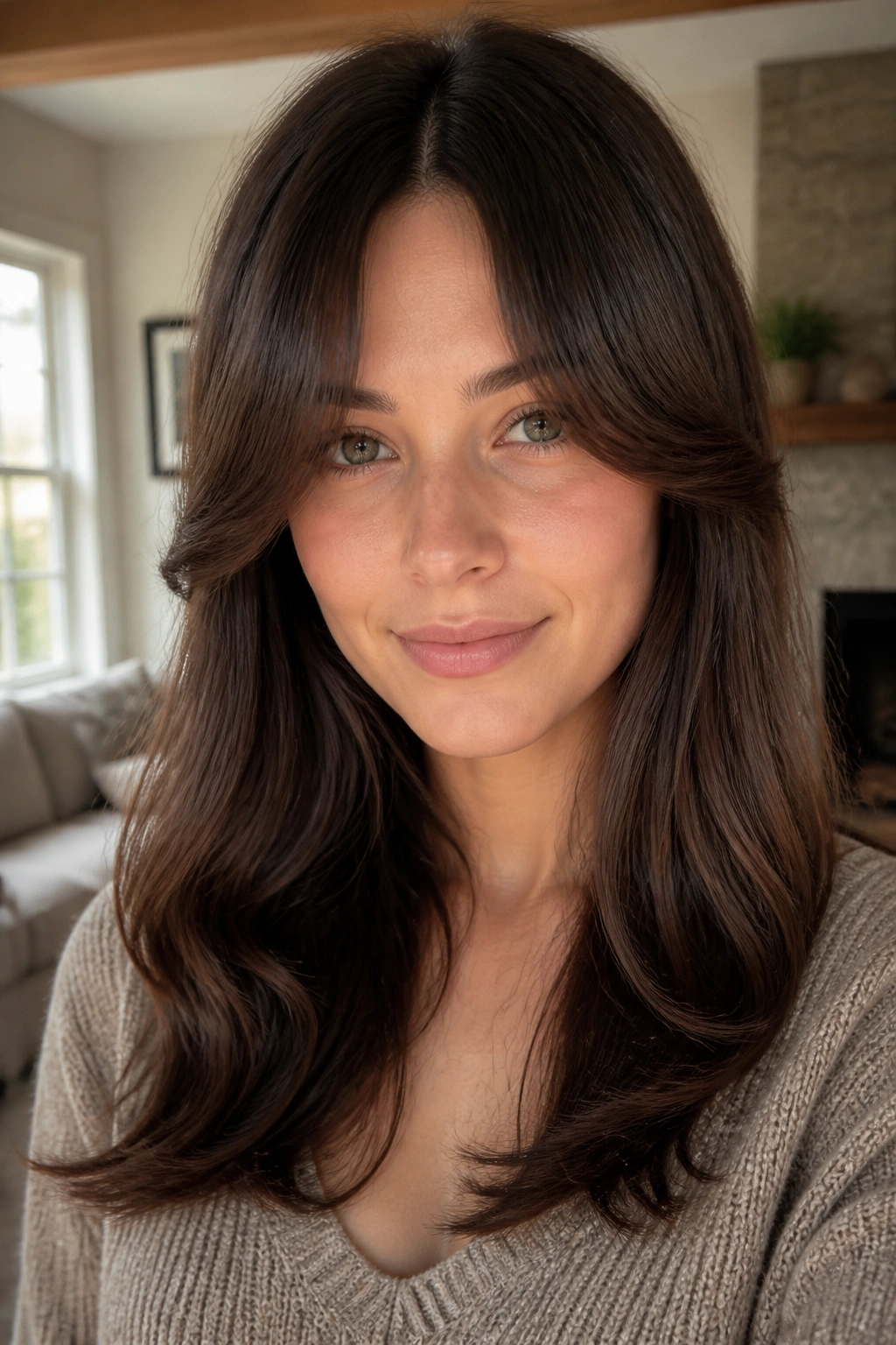 Portrait of a woman with curtain bangs in a living room setting.