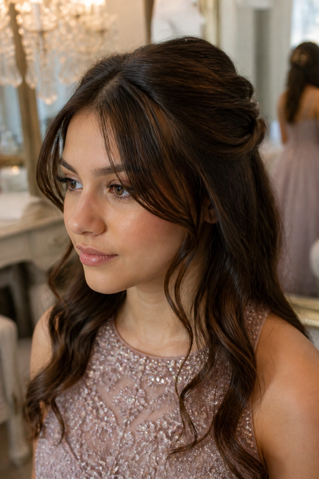 Close-up of a real woman with curtain bangs pinned into a half-up twist for a formal look