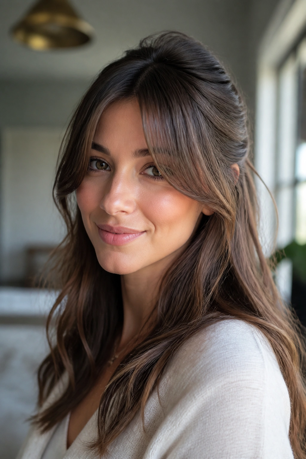 Close-up of a real woman with curtain bangs and half-up hairstyle