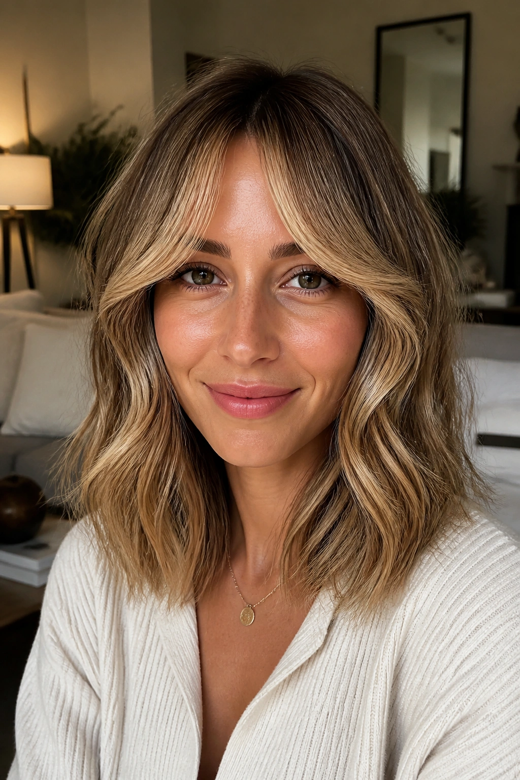 Front view of a real woman with curtain bangs brightened with honey blonde, soft waves