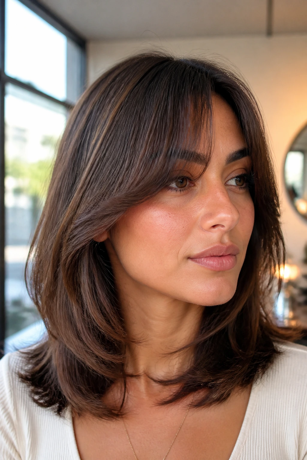 Close-up of a real person with curtain bangs and internal layers