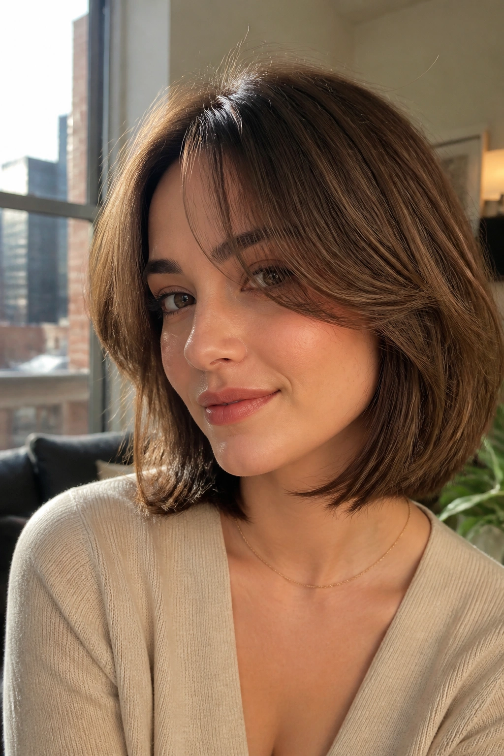 Real woman with curtain bangs layered bob in warm afternoon light
