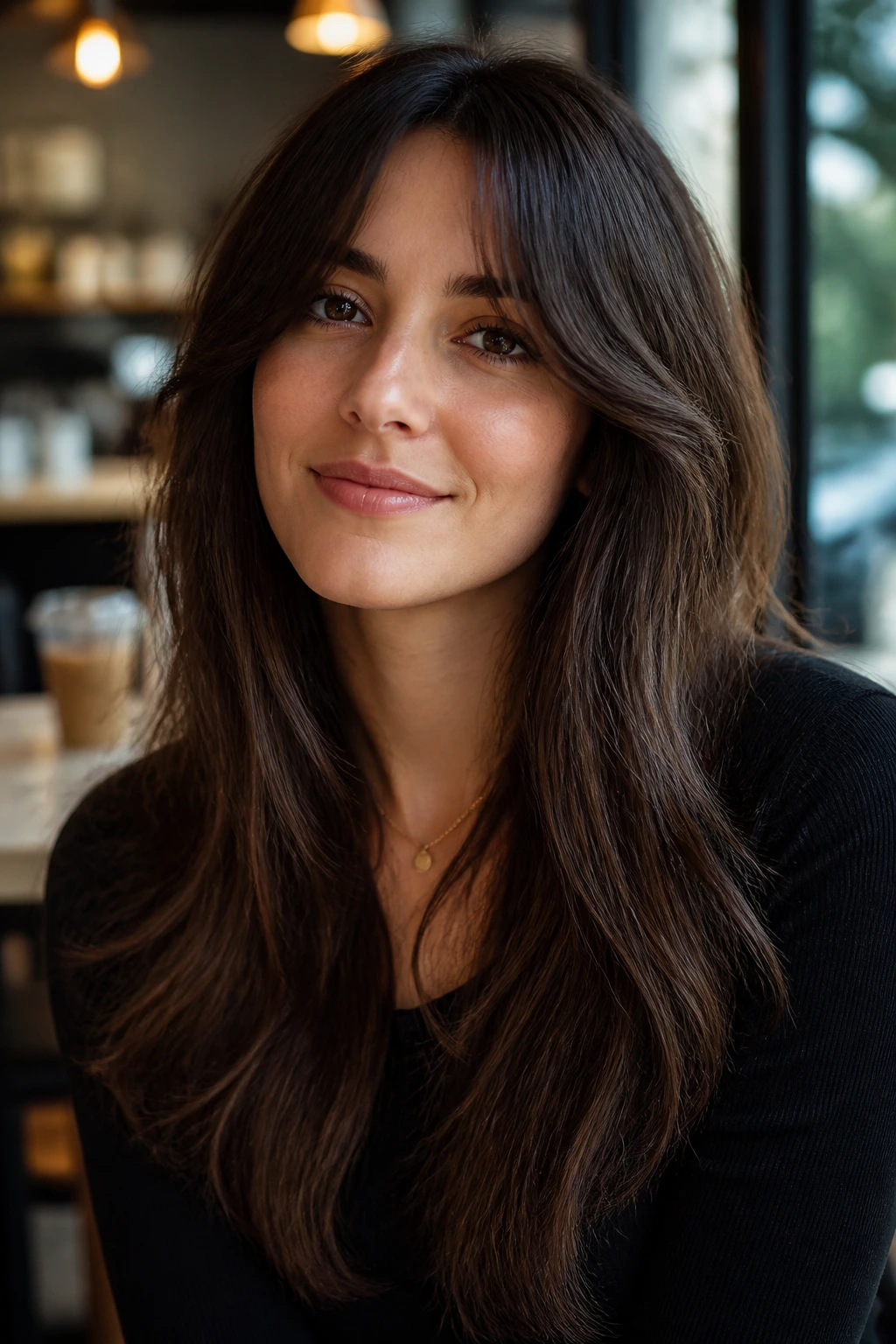 Real woman with curtain bangs blending into long layers in cafe light
