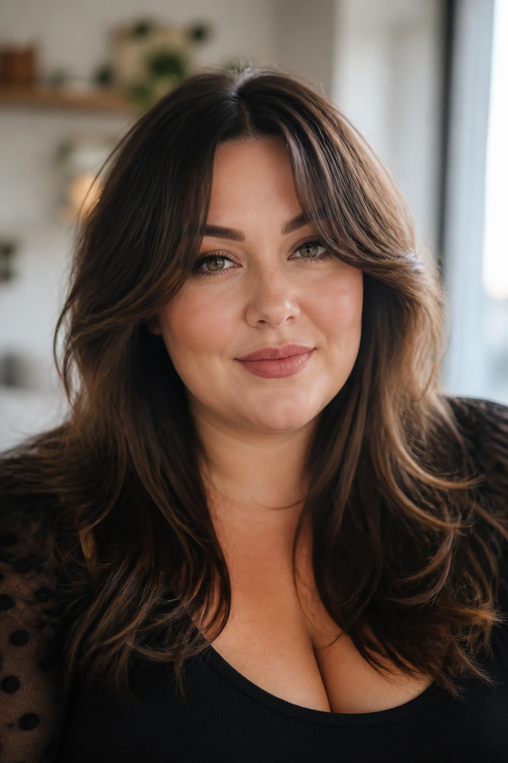 Portrait of a woman with curtain bangs and layered hair