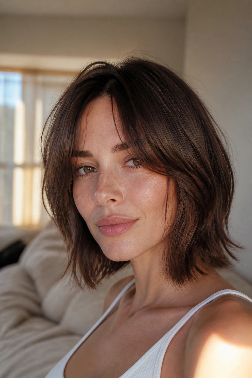 Close-up of a real woman with curtain bangs and layers, soft eye framing in natural window light